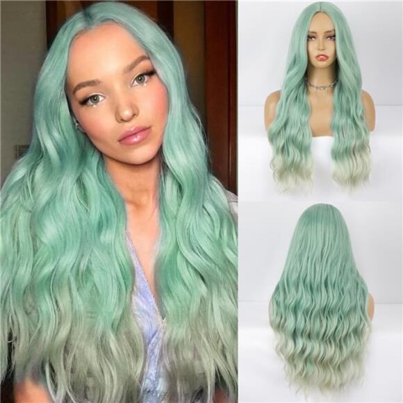 Green Wig Long Wavy Wig For Women Middle Part Wavy Wigs Synthetic Heat Resistant - Picture 1 of 6